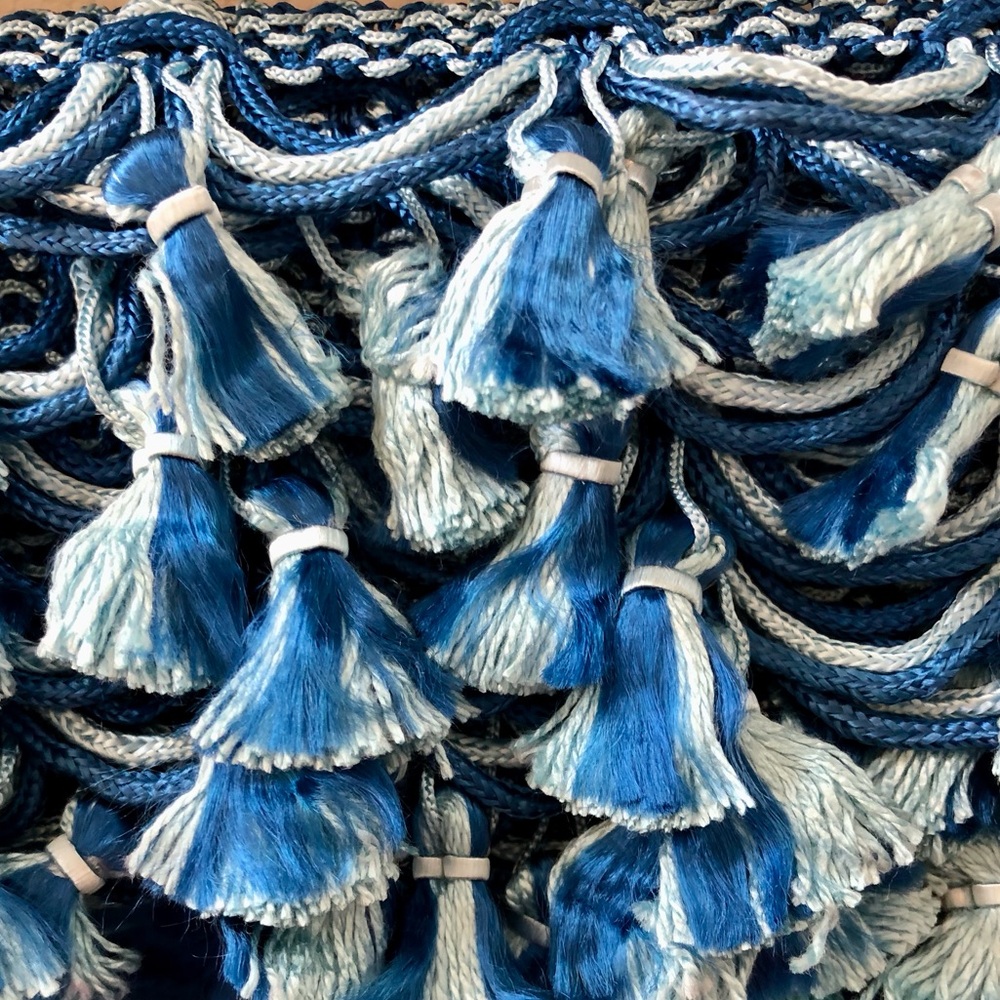 Tassel fringe trim two-tone blue with a Triple loop on braid edge. 2" x 23+yards